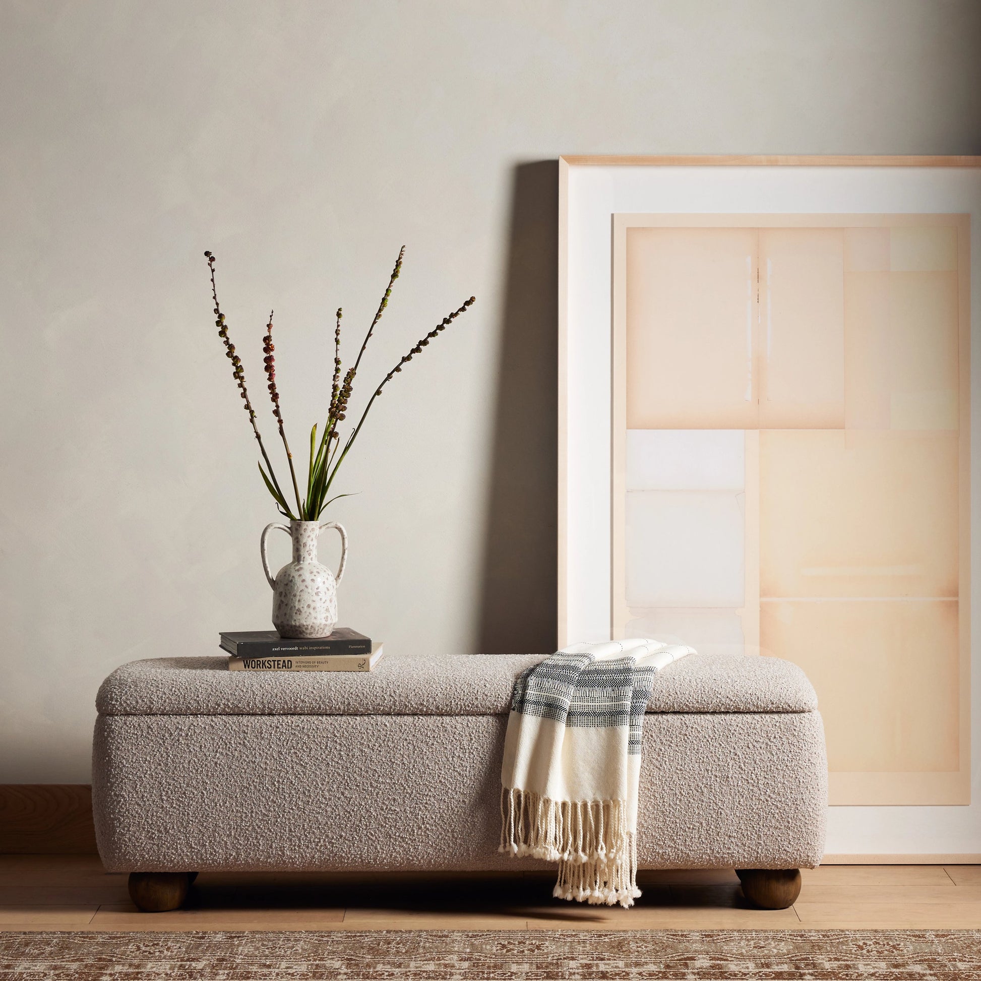 Ramsey Trunk by Four Hands in knoll sand, dark hazel. Made from 95% polyester, 5% acrylic, solid parawood, 90% polyurethane foam, 10% fiber in a modern style.