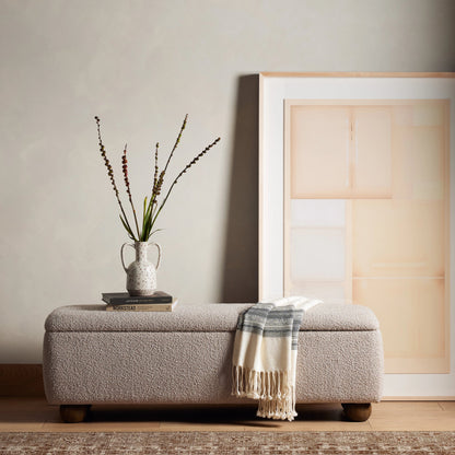 Ramsey Trunk by Four Hands in knoll sand, dark hazel. Made from 95% polyester, 5% acrylic, solid parawood, 90% polyurethane foam, 10% fiber in a modern style.