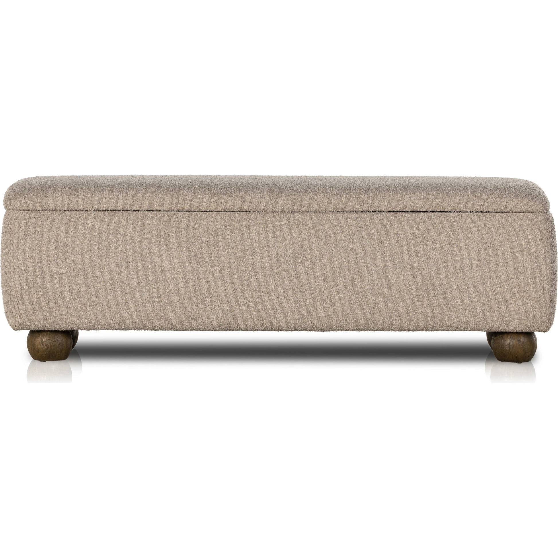 Ramsey Trunk by Four Hands in knoll sand, dark hazel. Made from 95% polyester, 5% acrylic, solid parawood, 90% polyurethane foam, 10% fiber in a modern style.