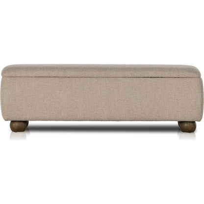 Ramsey Trunk by Four Hands in knoll sand, dark hazel. Made from 95% polyester, 5% acrylic, solid parawood, 90% polyurethane foam, 10% fiber in a modern style.