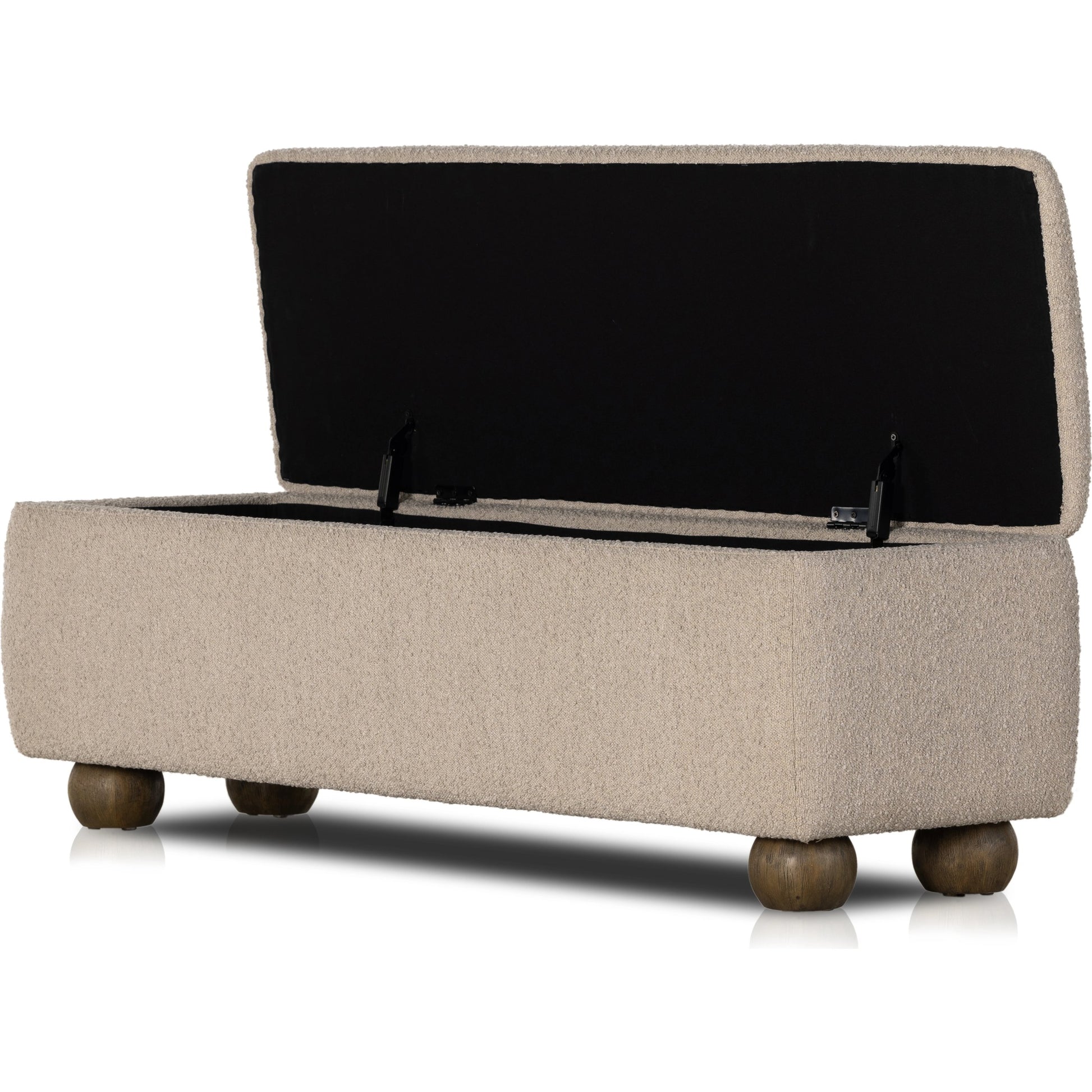 Ramsey Trunk by Four Hands in knoll sand, dark hazel. Made from 95% polyester, 5% acrylic, solid parawood, 90% polyurethane foam, 10% fiber in a modern style.