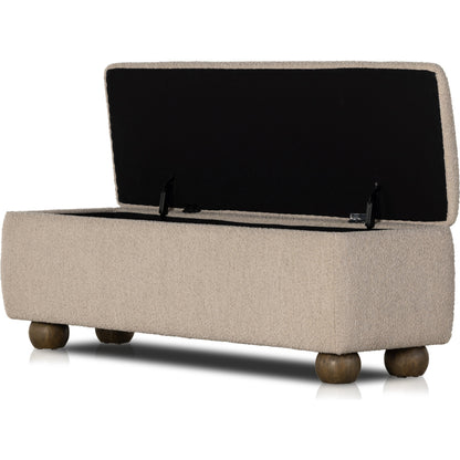Ramsey Trunk by Four Hands in knoll sand, dark hazel. Made from 95% polyester, 5% acrylic, solid parawood, 90% polyurethane foam, 10% fiber in a modern style.