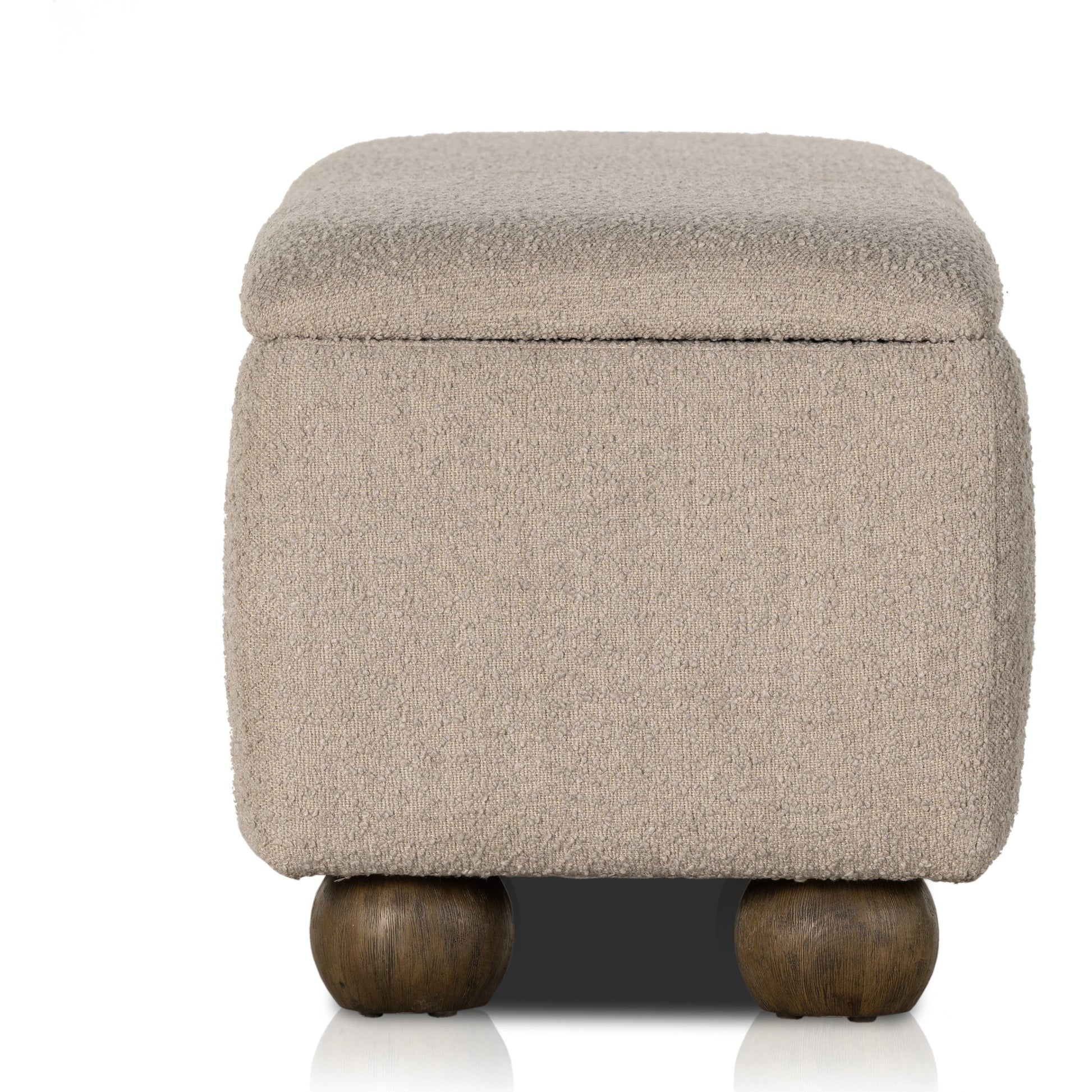 Ramsey Trunk by Four Hands in knoll sand, dark hazel. Made from 95% polyester, 5% acrylic, solid parawood, 90% polyurethane foam, 10% fiber in a modern style.