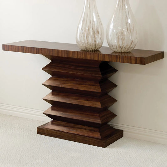 Zig Zag Console Table by Global Views in dark walnut, satin lacquer, zebra. Made from mdf, solid birch in a modern style.