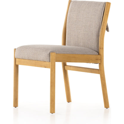 Hito Dining Chair by Four Hands in villa olive and burnished parawood. Made from 62% cotton, 20% flax, linen, 18% viscose (rayon), solid parawood, stainless steel in a transitional style.