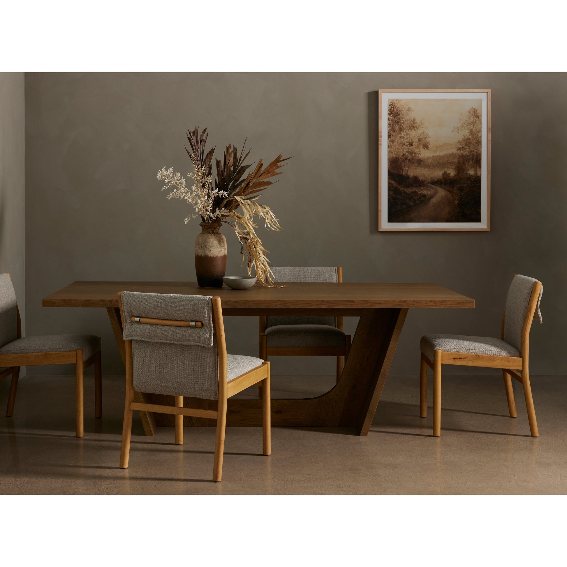 Hito Dining Chair by Four Hands in villa olive and burnished parawood. Made from 62% cotton, 20% flax, linen, 18% viscose (rayon), solid parawood, stainless steel in a transitional style.