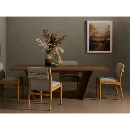 Hito Dining Chair by Four Hands in villa olive and burnished parawood. Made from 62% cotton, 20% flax, linen, 18% viscose (rayon), solid parawood, stainless steel in a transitional style.