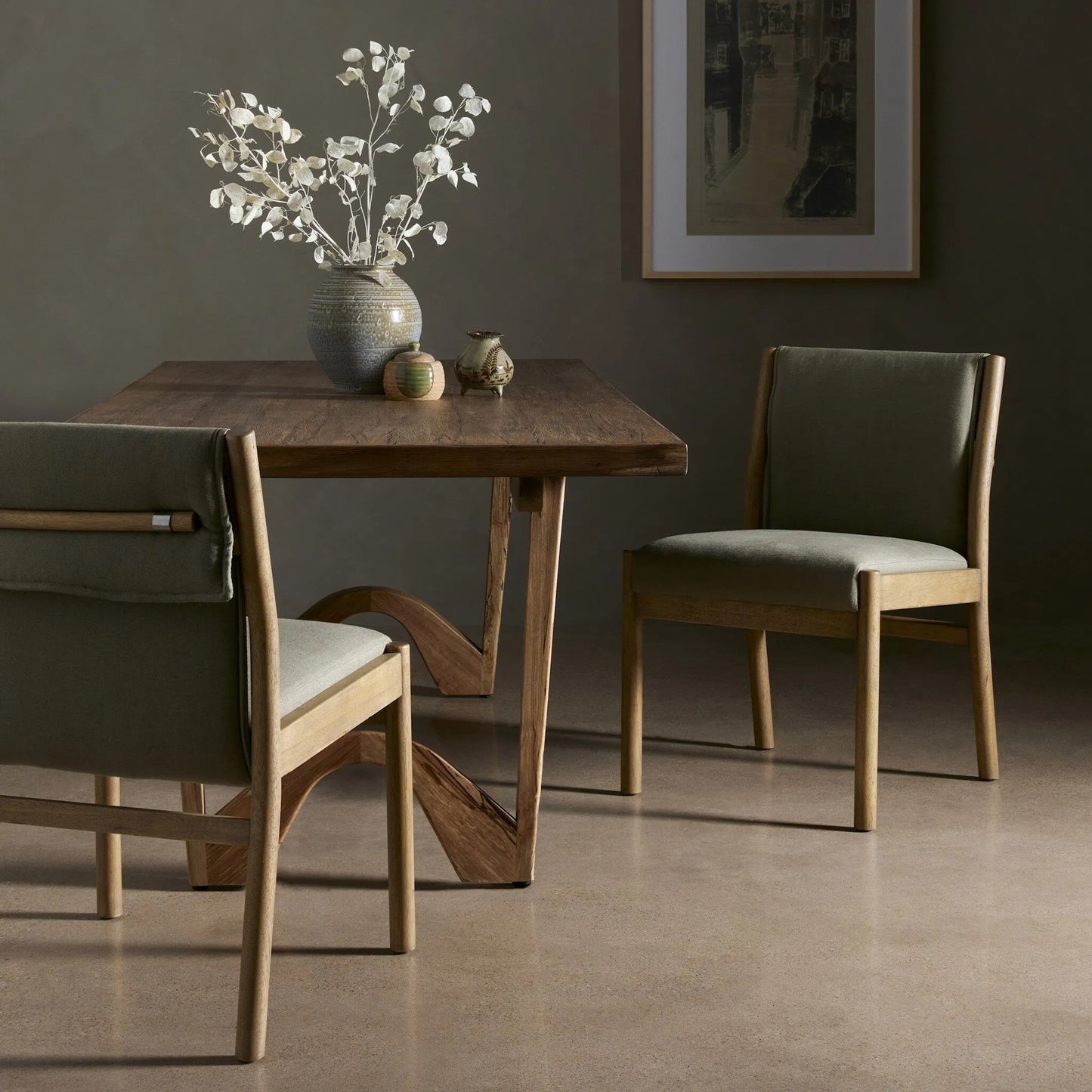 034 SI-1901445 | Lifestyle | Hito Dining Chair by Four Hands in villa olive and burnished parawood. Made from 62% cotton, 20% flax, linen, 18% viscose (rayon), solid parawood, stainless steel in a transitional style.