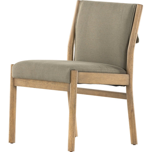 Hito Dining Chair by Four Hands in villa olive and burnished parawood. Made from 62% cotton, 20% flax, linen, 18% viscose (rayon), solid parawood, stainless steel in a transitional style.