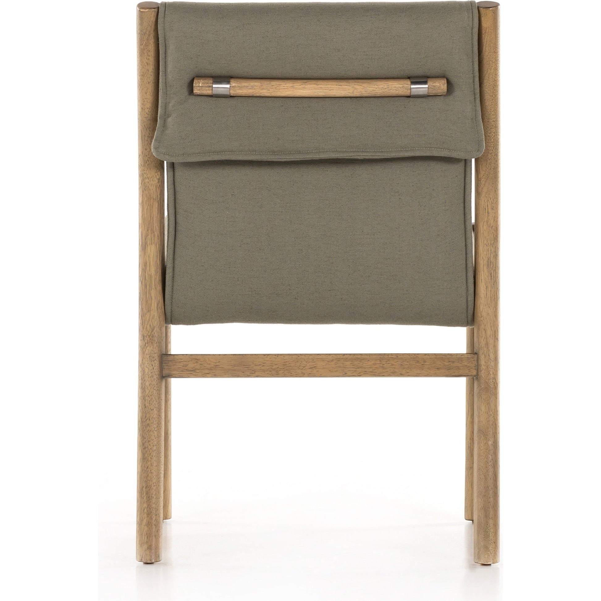 Hito Dining Chair by Four Hands in villa olive and burnished parawood. Made from 62% cotton, 20% flax, linen, 18% viscose (rayon), solid parawood, stainless steel in a transitional style.