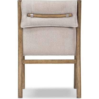 Hito Dining Chair by Four Hands in villa olive and burnished parawood. Made from 62% cotton, 20% flax, linen, 18% viscose (rayon), solid parawood, stainless steel in a transitional style.