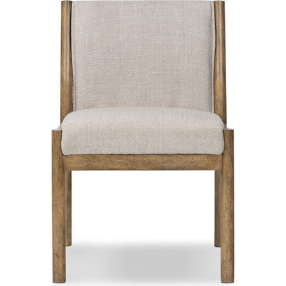 Hito Dining Chair by Four Hands in villa olive and burnished parawood. Made from 62% cotton, 20% flax, linen, 18% viscose (rayon), solid parawood, stainless steel in a transitional style.