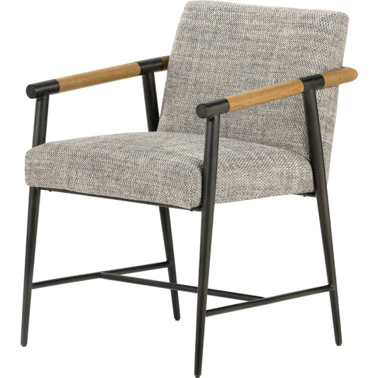 Rowen Dining Chair by Four Hands in thames raven, toasted oak, carbon black. Made from 66% polyester, 19% acrylic, 15% flax, linen, stainless steel, solid oak in a modern style.