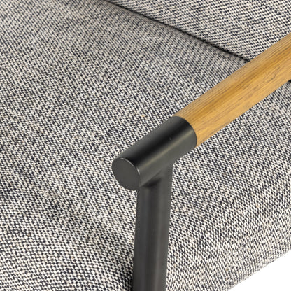 Rowen Dining Chair by Four Hands in thames raven, toasted oak, carbon black. Made from 66% polyester, 19% acrylic, 15% flax, linen, stainless steel, solid oak in a modern style.