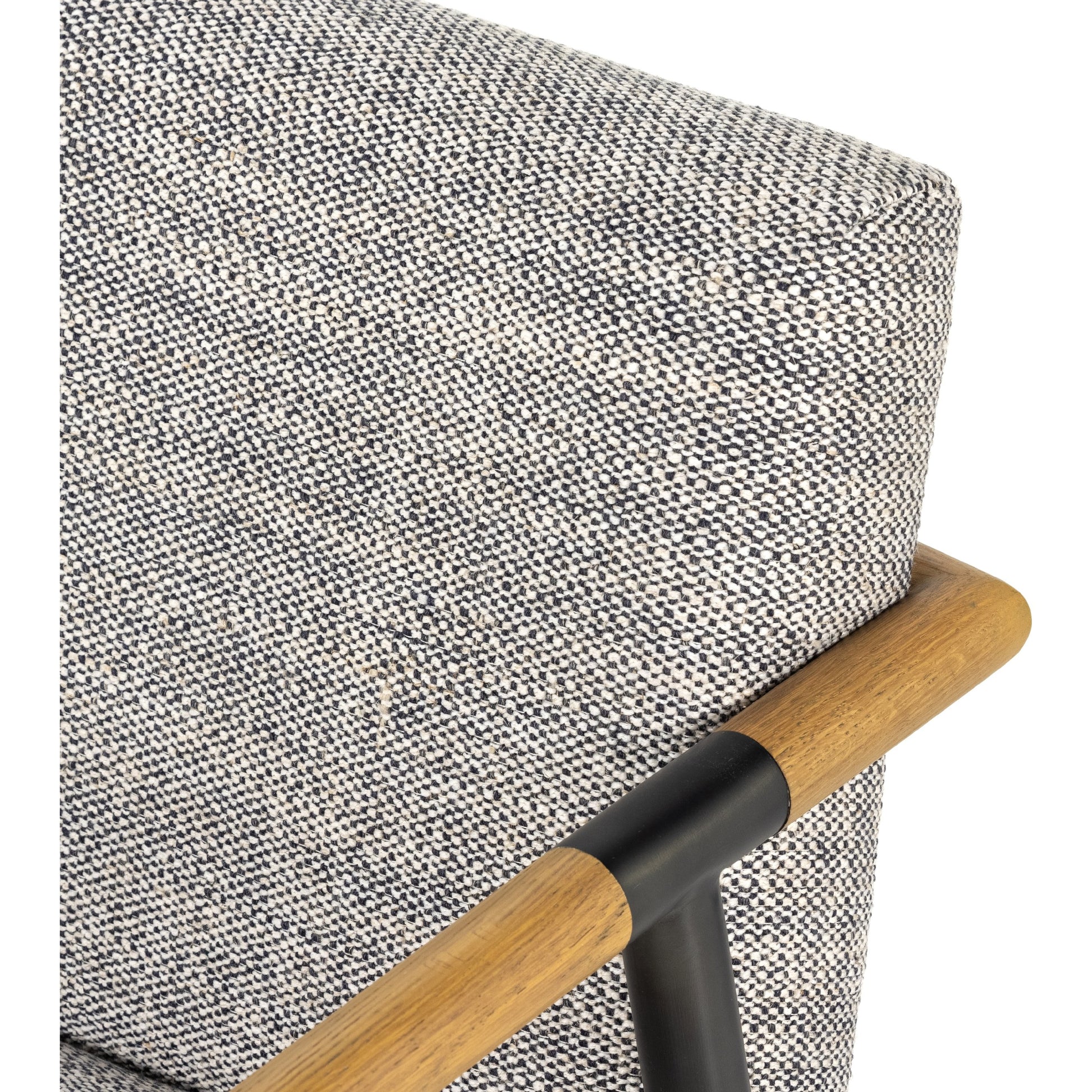 Rowen Dining Chair by Four Hands in thames raven, toasted oak, carbon black. Made from 66% polyester, 19% acrylic, 15% flax, linen, stainless steel, solid oak in a modern style.