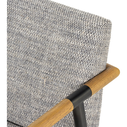 Rowen Dining Chair by Four Hands in thames raven, toasted oak, carbon black. Made from 66% polyester, 19% acrylic, 15% flax, linen, stainless steel, solid oak in a modern style.
