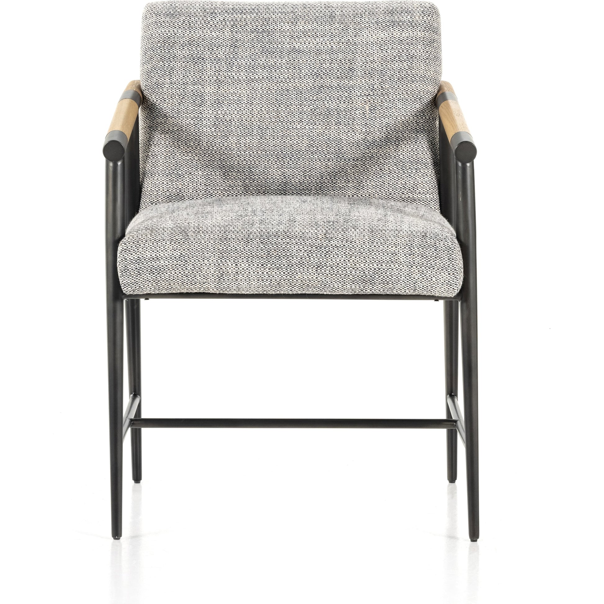 Rowen Dining Chair by Four Hands in thames raven, toasted oak, carbon black. Made from 66% polyester, 19% acrylic, 15% flax, linen, stainless steel, solid oak in a modern style.