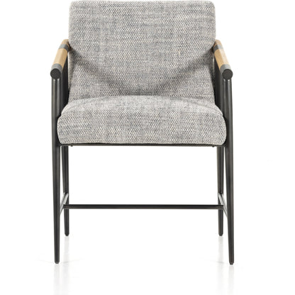 Rowen Dining Chair by Four Hands in thames raven, toasted oak, carbon black. Made from 66% polyester, 19% acrylic, 15% flax, linen, stainless steel, solid oak in a modern style.