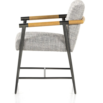 Rowen Dining Chair by Four Hands in thames raven, toasted oak, carbon black. Made from 66% polyester, 19% acrylic, 15% flax, linen, stainless steel, solid oak in a modern style.