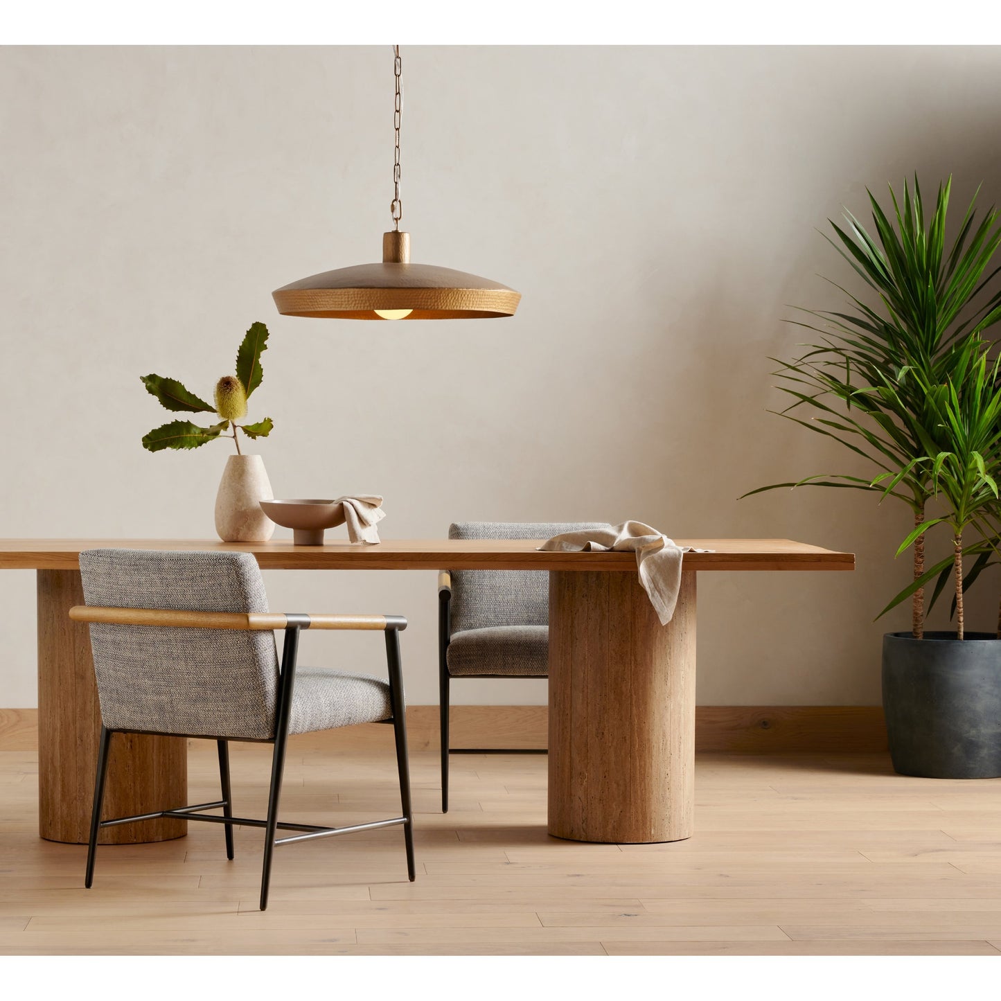 021 SI-1798694 | Lifestyle | Rowen Dining Chair by Four Hands in thames raven, toasted oak, carbon black. Made from 66% polyester, 19% acrylic, 15% flax, linen, stainless steel, solid oak in a modern style.