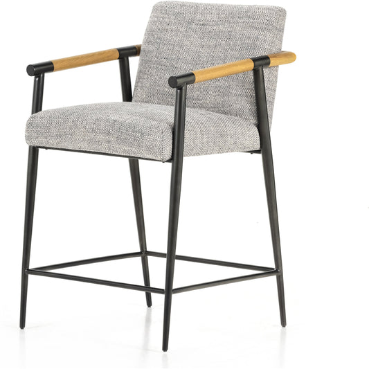 Rowen Counter Stool by Four Hands in thames raven, toasted oak, carbon black. Made from 66% polyester, 19% acrylic, 15% flax, linen, stainless steel, solid oak in a transitional style.