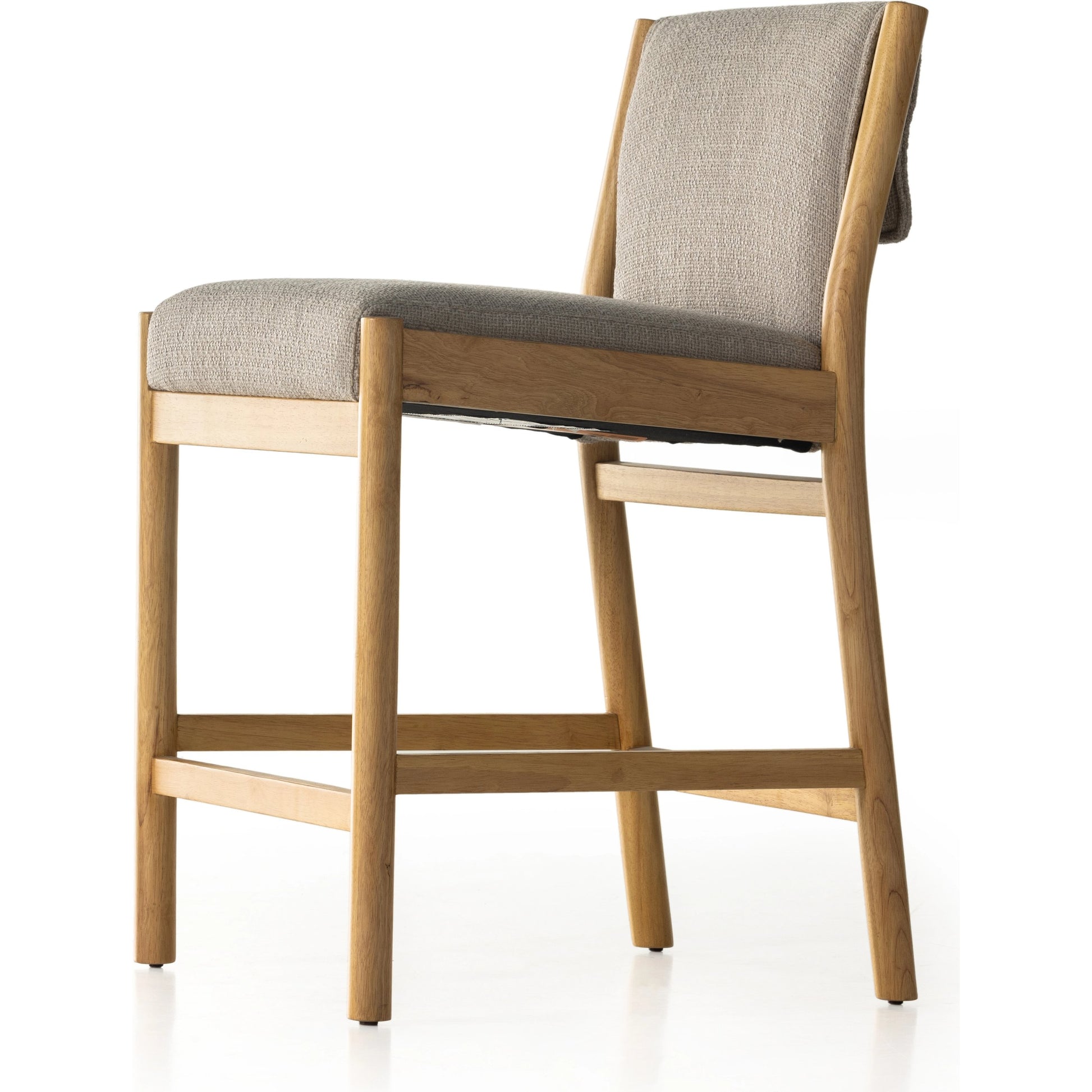 Hito Counter Stool by Four Hands in gibson taupe, smoked natural parawood. Made from 97% polyester, 3% acrylic, solid parawood, stainless steel in a modern style.