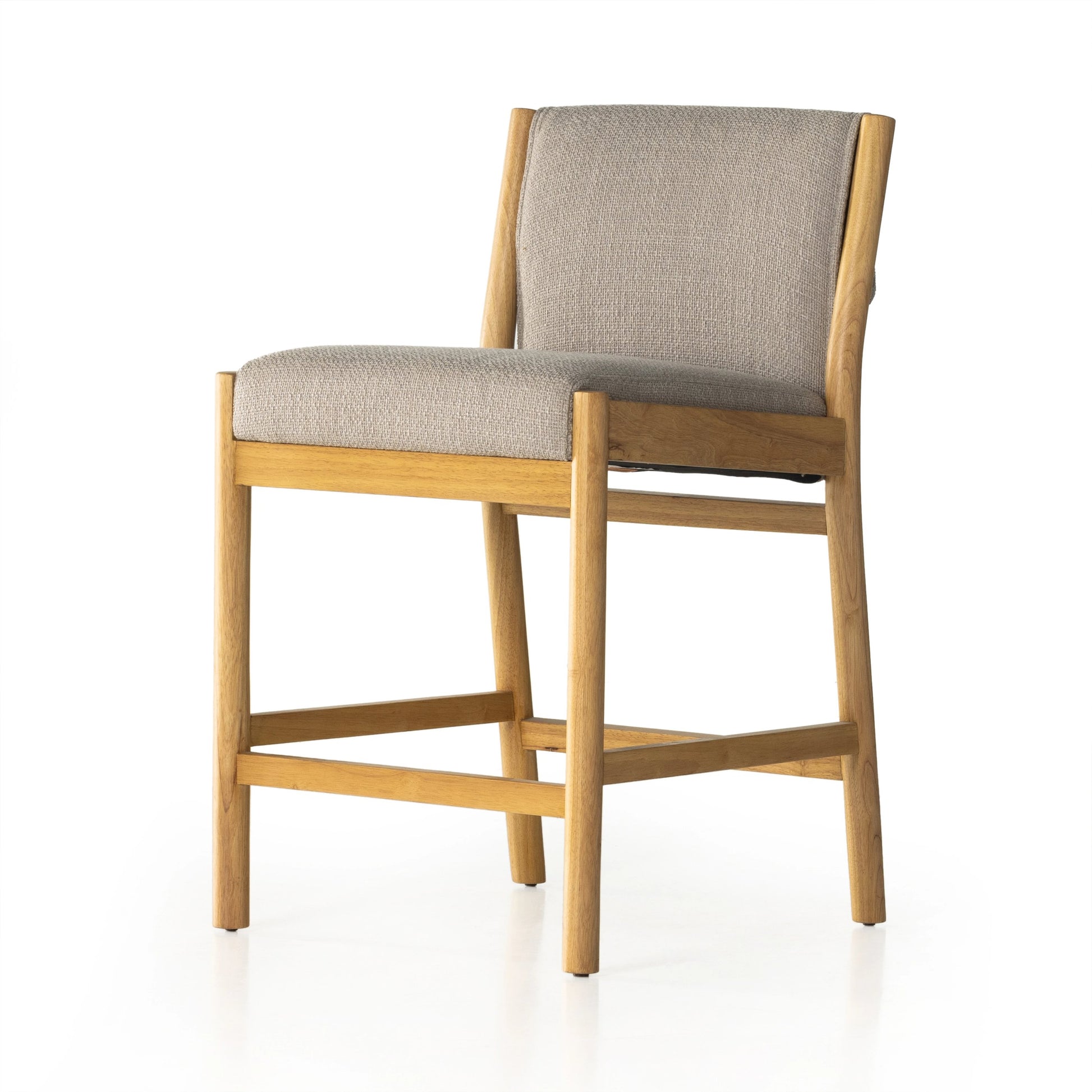 Hito Counter Stool by Four Hands in gibson taupe, smoked natural parawood. Made from 97% polyester, 3% acrylic, solid parawood, stainless steel in a modern style.
