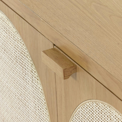 Allegra Sideboard by Four Hands in honey oak, honey oak veneer, light natural cane and honey oak. Made from solid oak, oak veneer in a modern style.