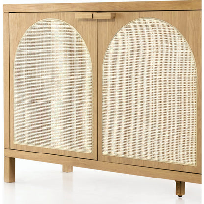 Allegra Sideboard by Four Hands in honey oak, honey oak veneer, light natural cane and honey oak. Made from solid oak, oak veneer in a modern style.