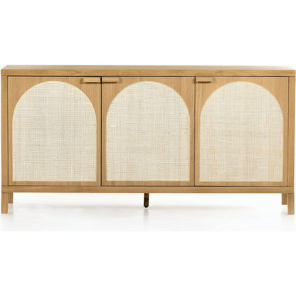 Allegra Sideboard by Four Hands in honey oak, honey oak veneer, light natural cane and honey oak. Made from solid oak, oak veneer in a modern style.