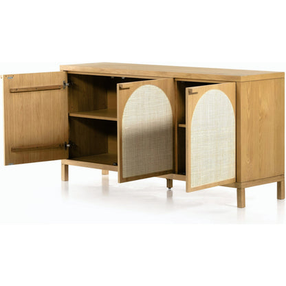 Allegra Sideboard by Four Hands in honey oak, honey oak veneer, light natural cane and honey oak. Made from solid oak, oak veneer in a modern style.