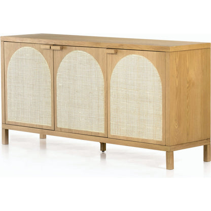 Allegra Sideboard by Four Hands in honey oak, honey oak veneer, light natural cane and honey oak. Made from solid oak, oak veneer in a modern style.