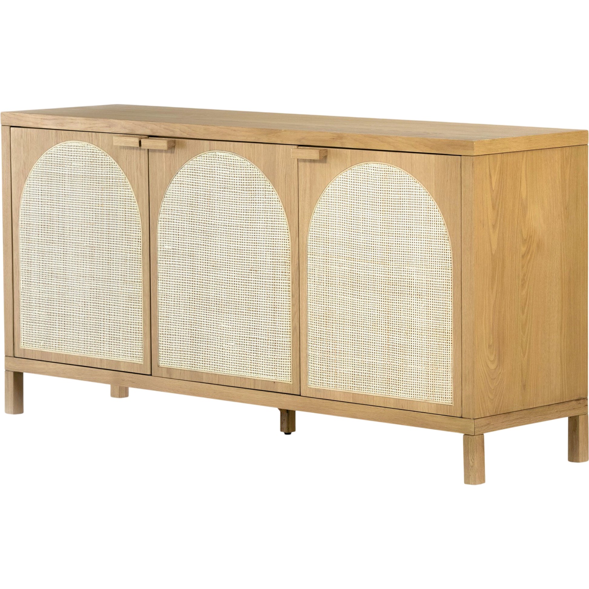 Allegra Sideboard by Four Hands in honey oak, honey oak veneer, light natural cane and honey oak. Made from solid oak, oak veneer in a modern style.