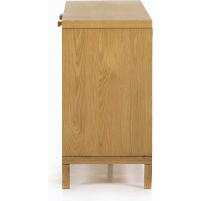 Allegra Sideboard by Four Hands in honey oak, honey oak veneer, light natural cane and honey oak. Made from solid oak, oak veneer in a modern style.