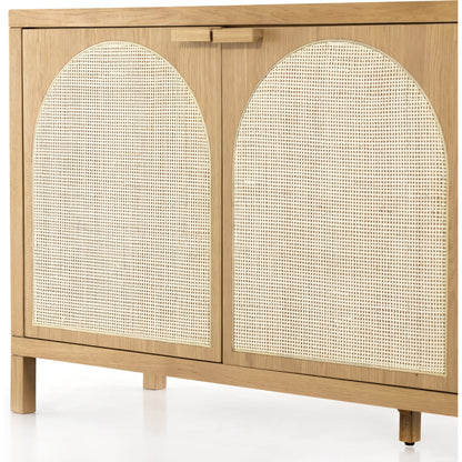 Allegra Sideboard by Four Hands in honey oak, honey oak veneer, light natural cane and honey oak. Made from solid oak, oak veneer in a modern style.