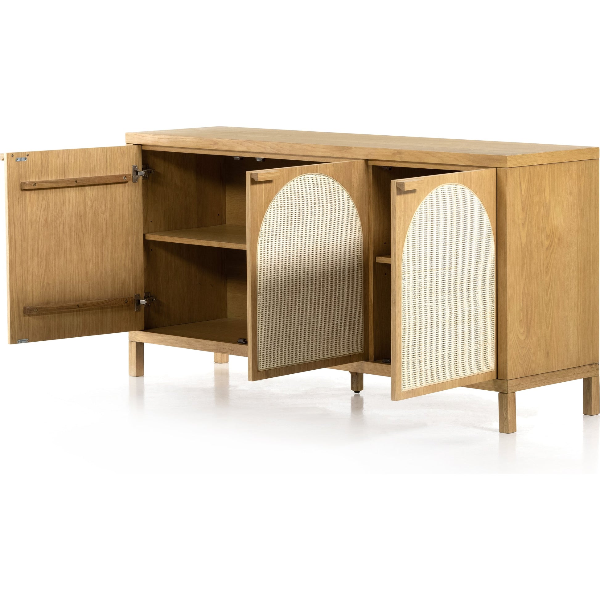 Allegra Sideboard by Four Hands in honey oak, honey oak veneer, light natural cane and honey oak. Made from solid oak, oak veneer in a modern style.