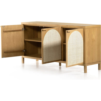 Allegra Sideboard by Four Hands in honey oak, honey oak veneer, light natural cane and honey oak. Made from solid oak, oak veneer in a modern style.