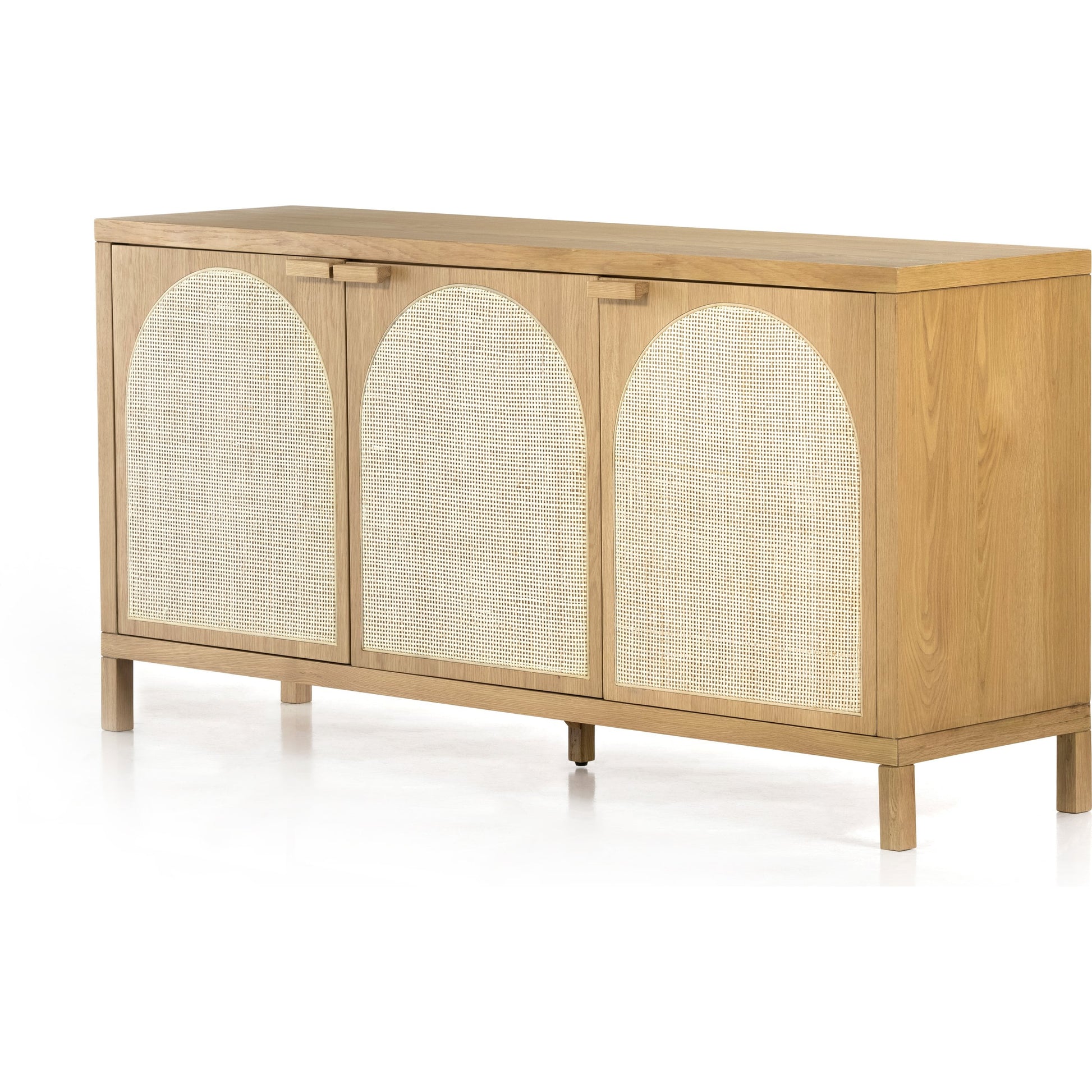 Allegra Sideboard by Four Hands in honey oak, honey oak veneer, light natural cane and honey oak. Made from solid oak, oak veneer in a modern style.