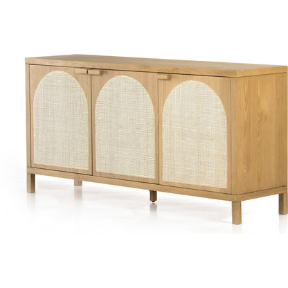 Allegra Sideboard by Four Hands in honey oak, honey oak veneer, light natural cane and honey oak. Made from solid oak, oak veneer in a modern style.