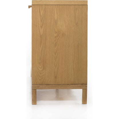 Allegra Sideboard by Four Hands in honey oak, honey oak veneer, light natural cane and honey oak. Made from solid oak, oak veneer in a modern style.