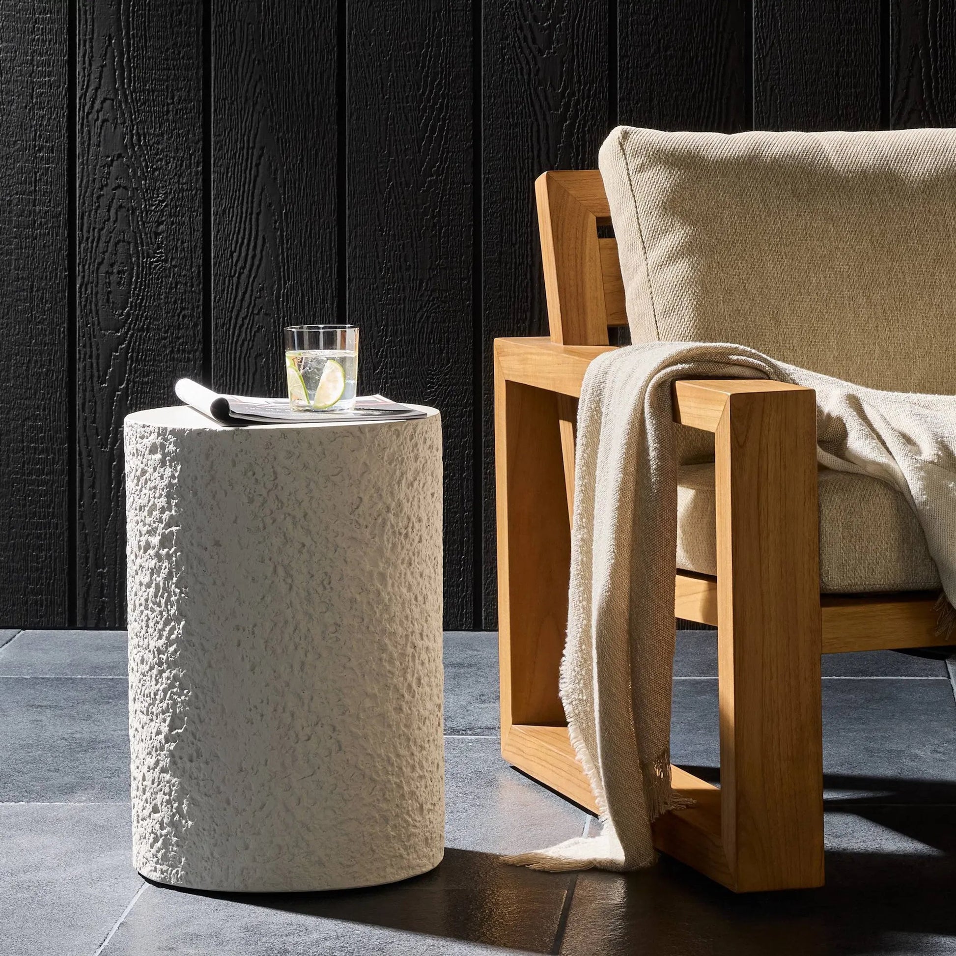 Otero Outdoor Round End Table by Four Hands in blanc white, matte white. Made from concrete in a modern style.