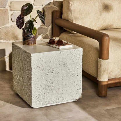 Otero Outdoor Square End Table by Four Hands in blanc white, matte white. Made from concrete in a modern style.