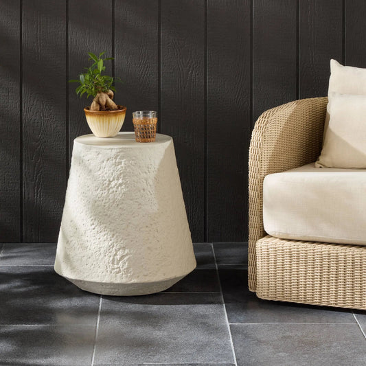 Otero Outdoor Tapered End Table by Four Hands in blanc white, matte white. Made from concrete in a modern style.