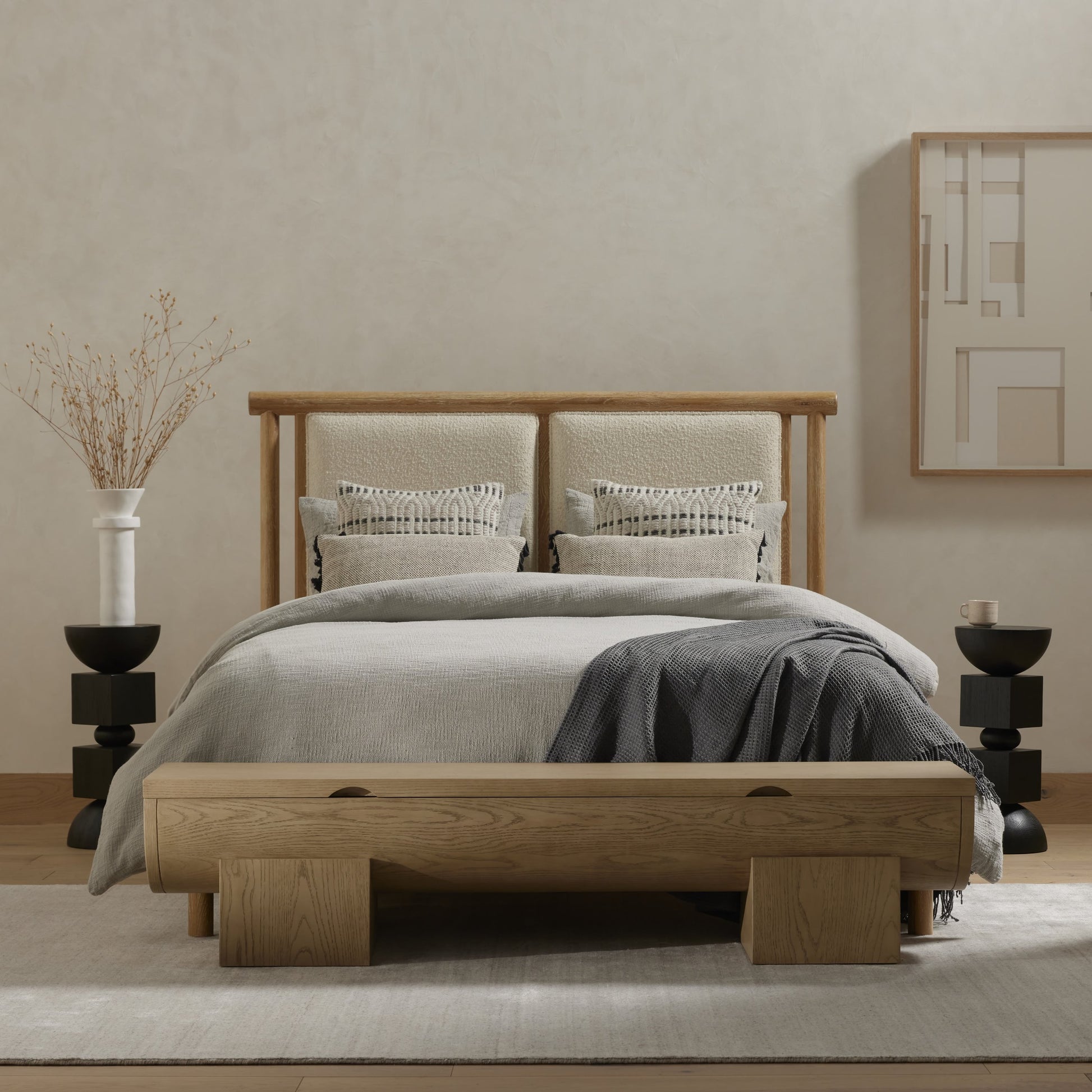 Montana Bed by Four Hands in altro snow, whitewashed oak. Made from 95% polyester, 5% acrylic, solid oak in a cottage & farmhouse style.