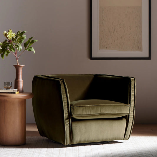 Rashi Swivel Chair by Four Hands in surrey olive. Made from 76.8% cotton, 23.2% polyester, pine plywood, solid pine in a modern style.