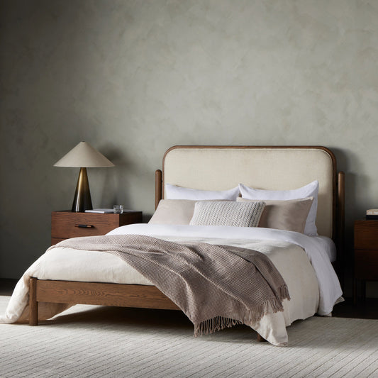 Caroline Bed by Four Hands in kerbey ivory, smoked oak. Made from 96% polyester, 4% acrylic, solid oak in a rustic style.