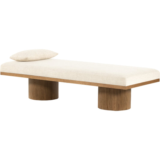 Jakobi Chaise by Four Hands in thames cream, honey parawood. Made from 66% polyester, 19% acrylic, 15% flax, linen, rubberwood veneer, engineered hardwood in a modern style.
