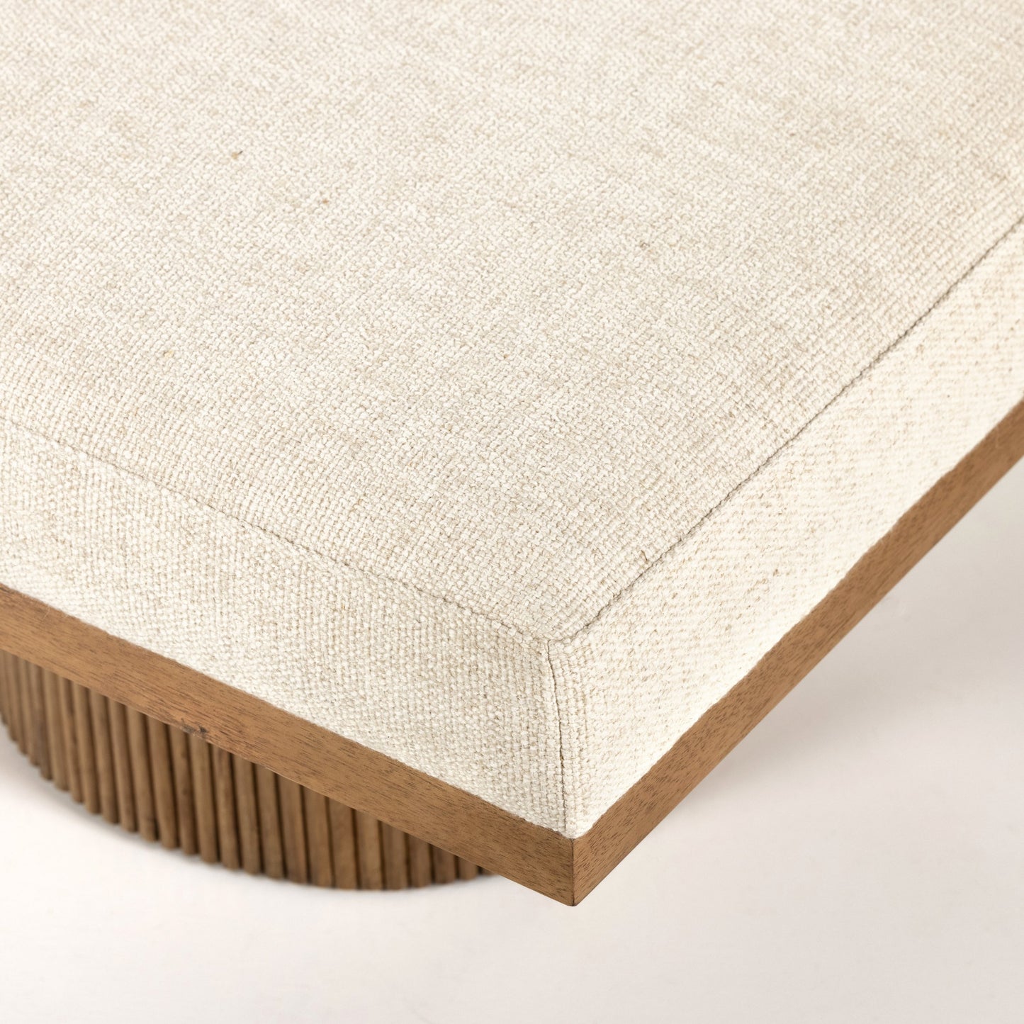 006 SI-1901894 | Closeup | Jakobi Chaise by Four Hands in thames cream, honey parawood. Made from 66% polyester, 19% acrylic, 15% flax, linen, rubberwood veneer, engineered hardwood in a modern style.