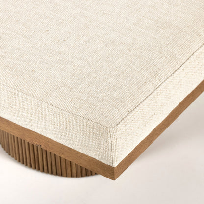 Jakobi Chaise by Four Hands in thames cream, honey parawood. Made from 66% polyester, 19% acrylic, 15% flax, linen, rubberwood veneer, engineered hardwood in a modern style.