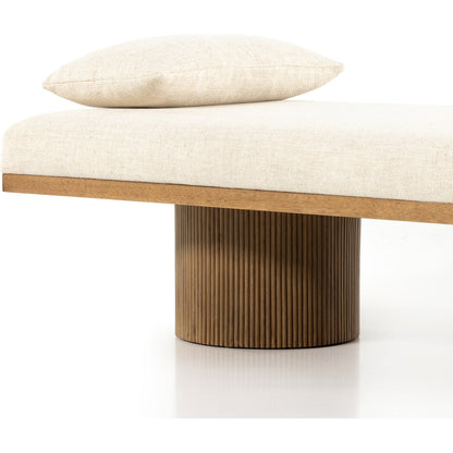 Jakobi Chaise by Four Hands in thames cream, honey parawood. Made from 66% polyester, 19% acrylic, 15% flax, linen, rubberwood veneer, engineered hardwood in a modern style.